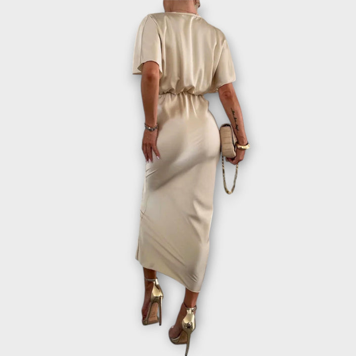Sable - Maxi dress with V-neck and cross knot in solid satin