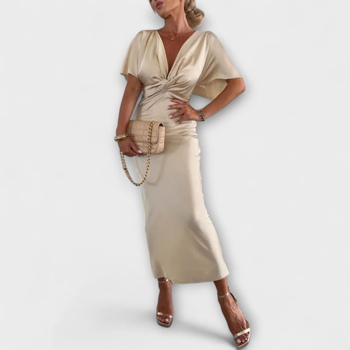Sable - Maxi dress with V-neck and cross knot in solid satin