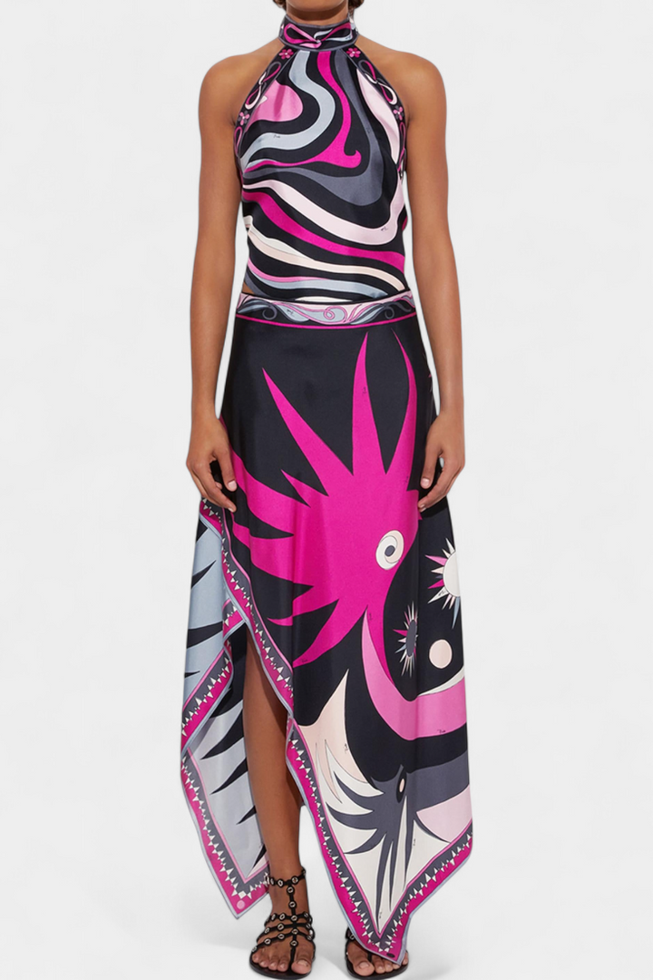 Ciana Conjunto Satén con Falda Abstracta y Top Halter