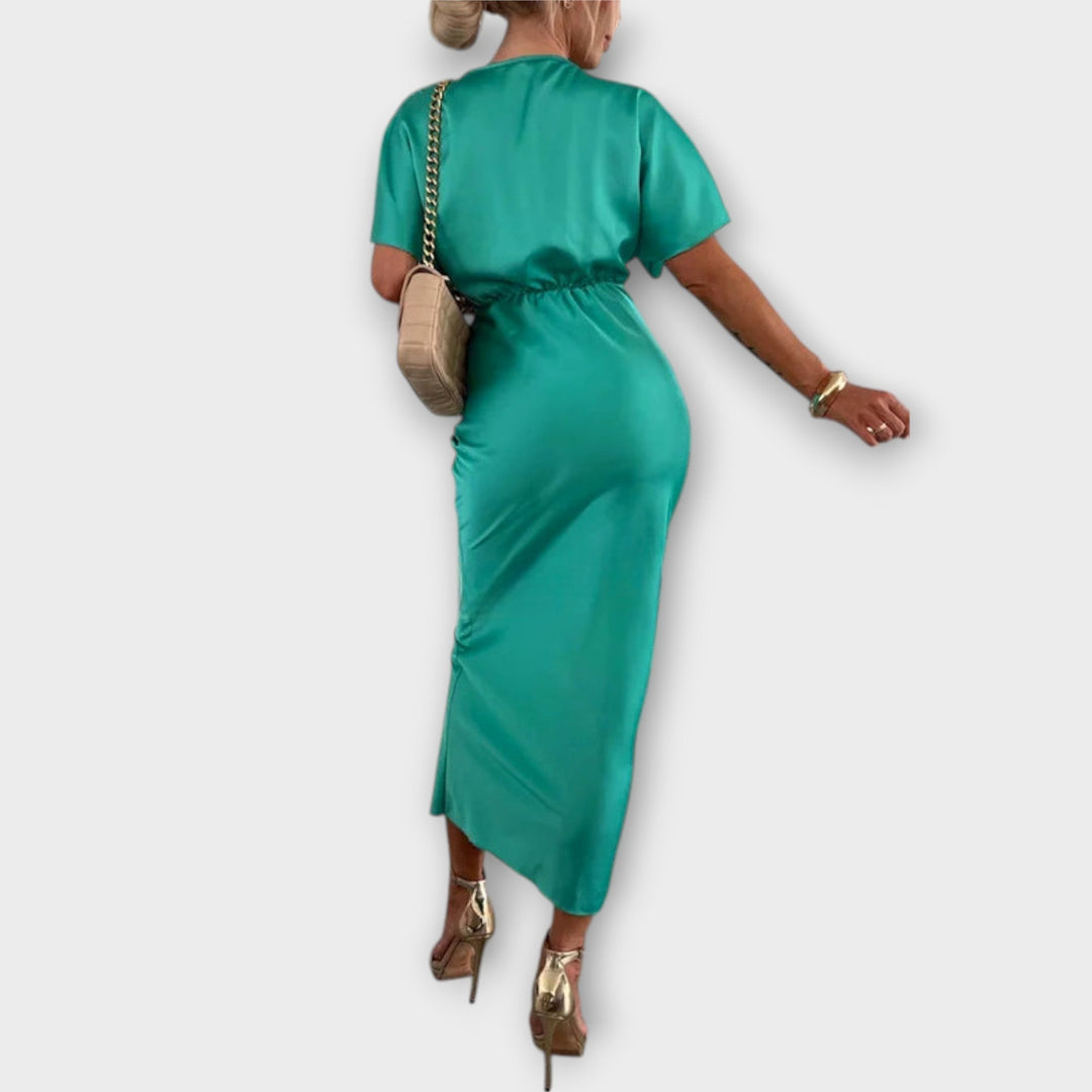 Sable - Maxi dress with V-neck and cross knot in solid satin