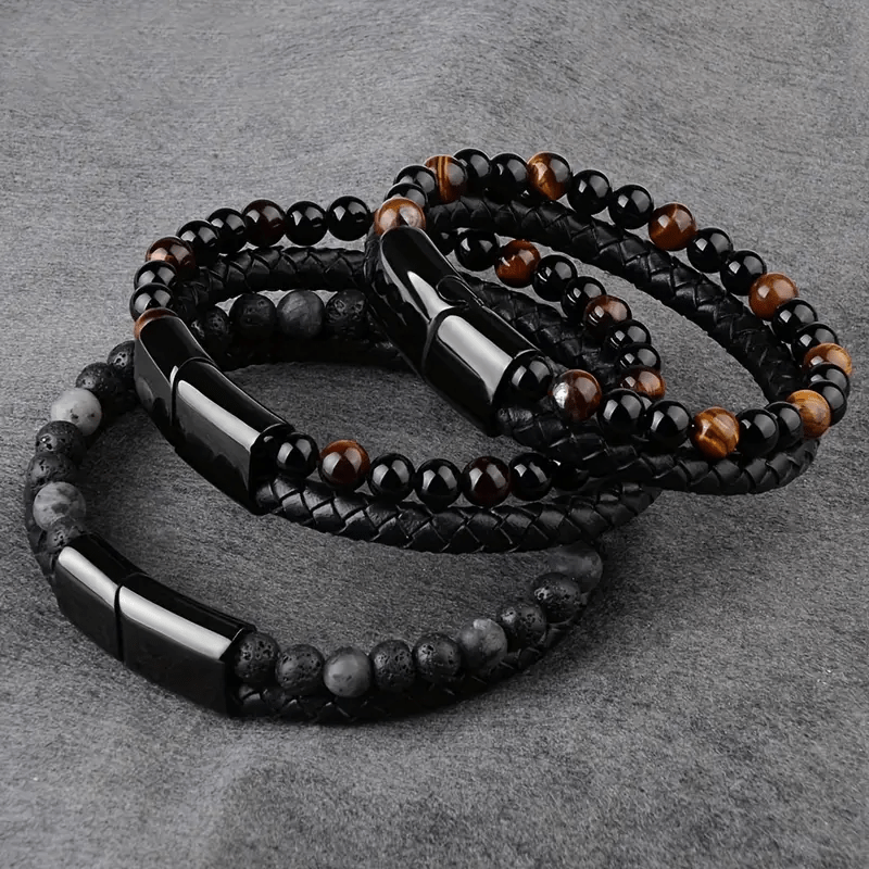 Bracelet en Cuir Tressé et Perles Naturelles