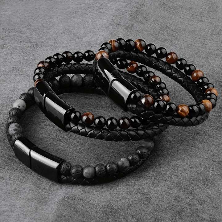 Bracelet en Cuir Tressé et Perles Naturelles