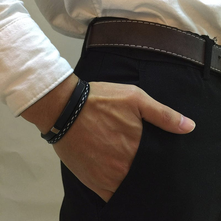 Bracelet Cuir et Acier Personnalisé Homme - Gravure Offerte