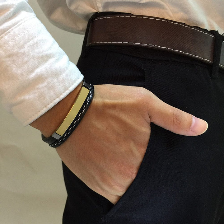 Bracelet Cuir et Acier Personnalisé Homme - Gravure Offerte