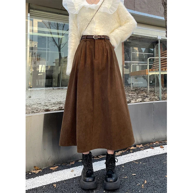 ESTELLE™ – Klasična kord suknja midi dužine s remenom
