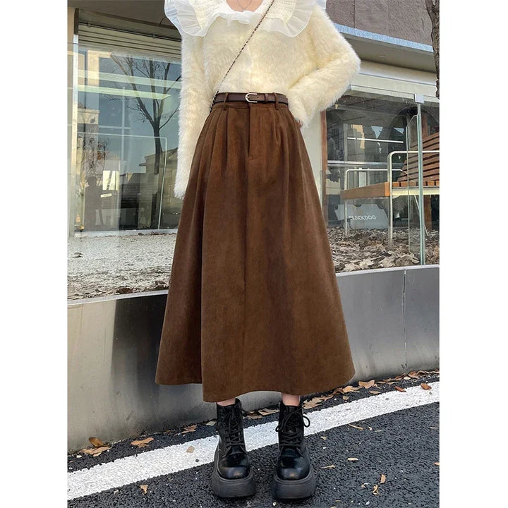 ESTELLE™ – Klasična kord suknja midi dužine s remenom
