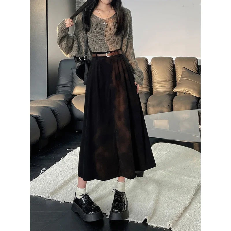 ESTELLE™ – Klasična kord suknja midi dužine s remenom