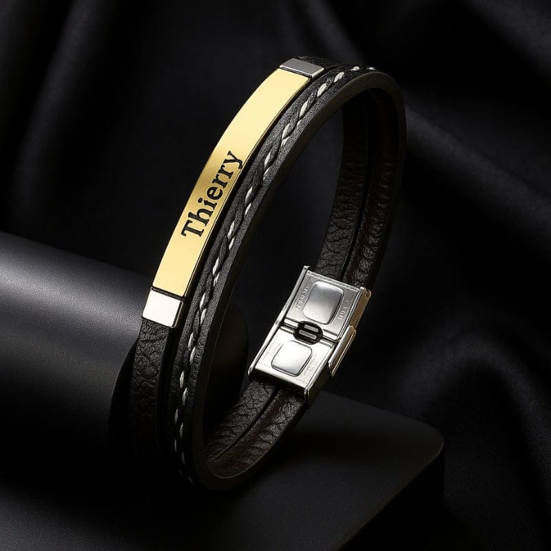 Bracelet Cuir et Acier Personnalisé Homme - Gravure Offerte