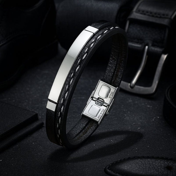 Bracelet Cuir et Acier Personnalisé Homme - Gravure Offerte