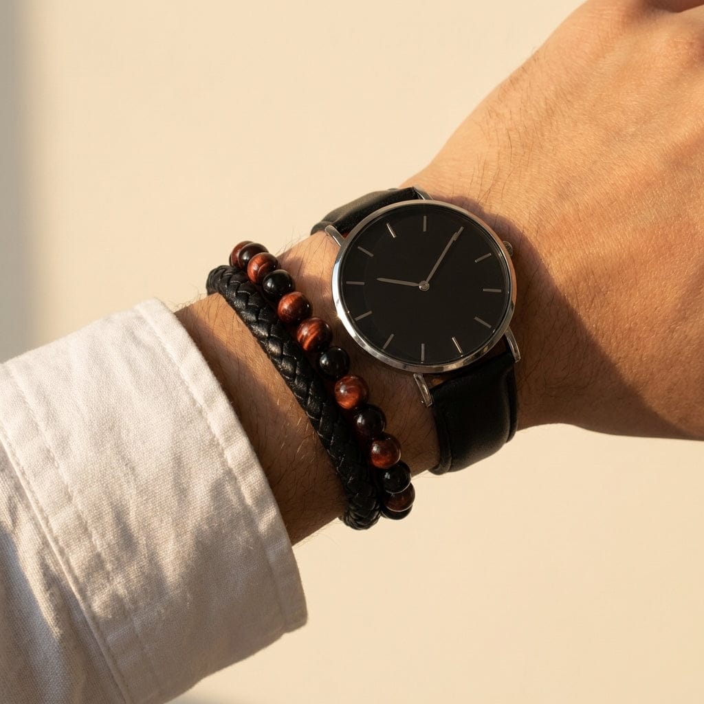 Bracelet en Cuir Tressé et Perles Naturelles