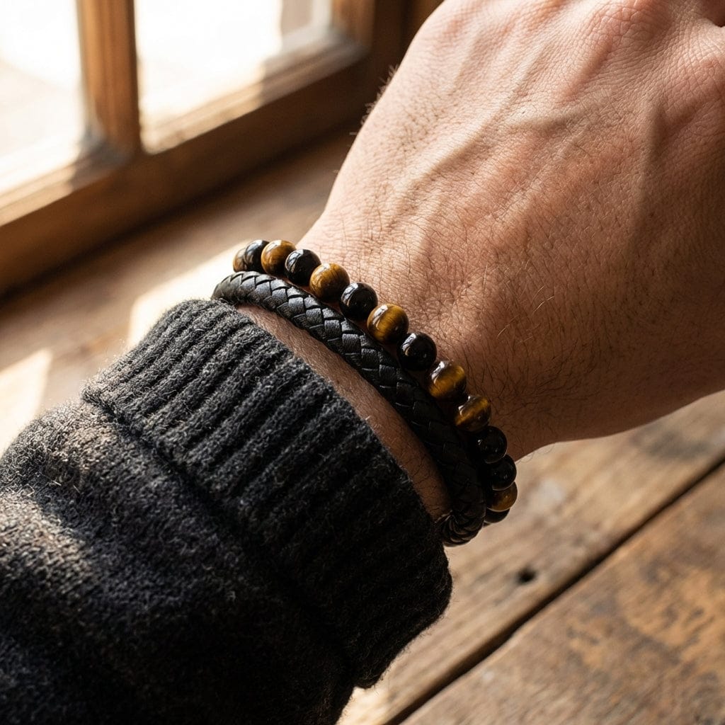 Bracelet en Cuir Tressé et Perles Naturelles