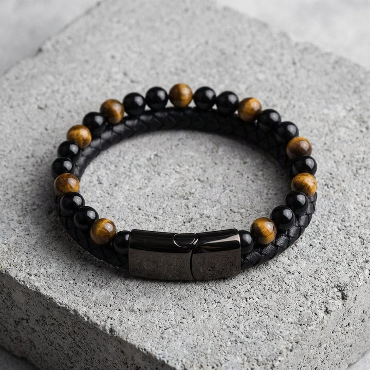 Bracelet en Cuir Tressé et Perles Naturelles