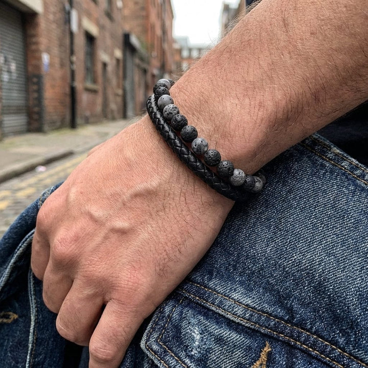 Bracelet en Cuir Tressé et Perles Naturelles
