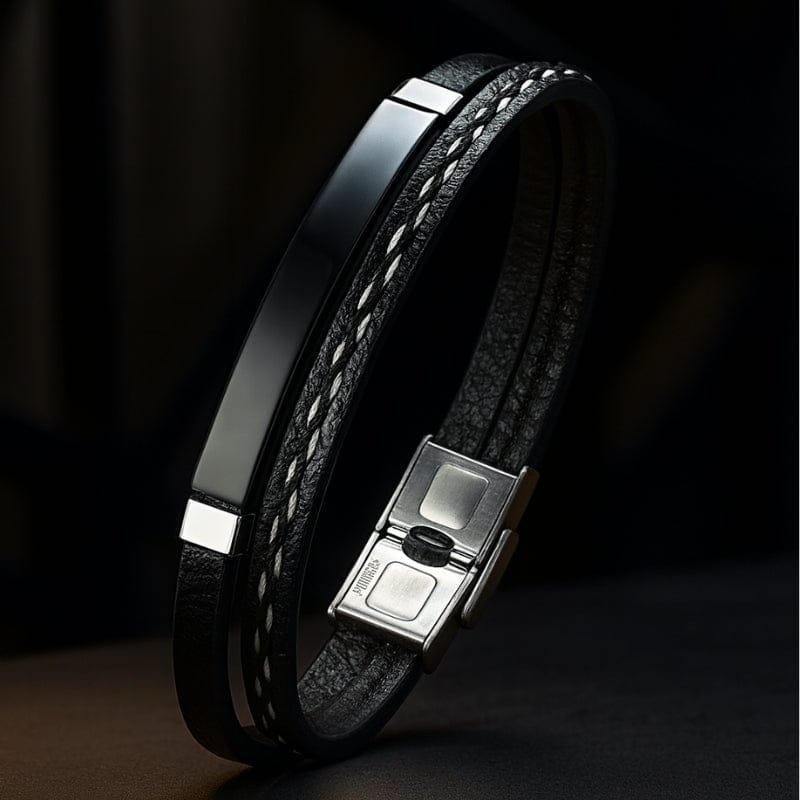 Bracelet Cuir et Acier Personnalisé Homme - Gravure Offerte