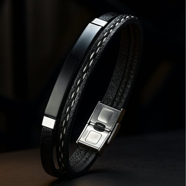 Bracelet Cuir et Acier Personnalisé Homme - Gravure Offerte