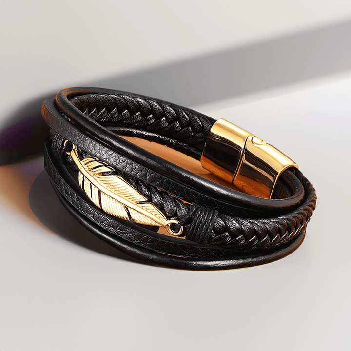 Bracelet Cuir et Plume en Acier