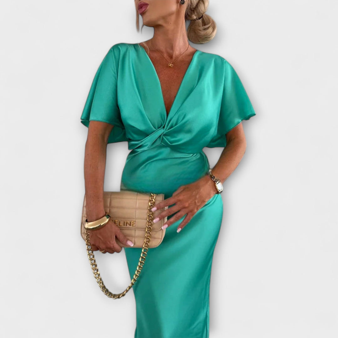 Sable - Maxi dress with V-neck and cross knot in solid satin