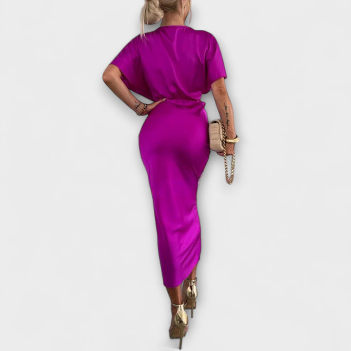 Sable - Maxi dress with V-neck and cross knot in solid satin