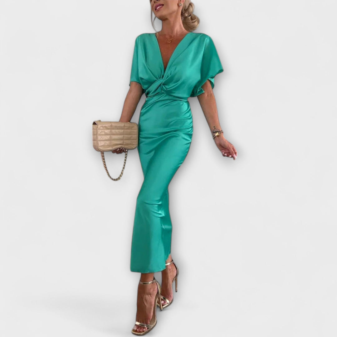 Sable - Maxi dress with V-neck and cross knot in solid satin