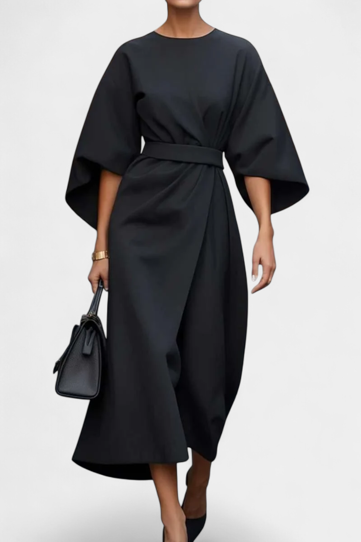 Micaela Vestido Midi con Mangas Lantern y Cintura Ceñida