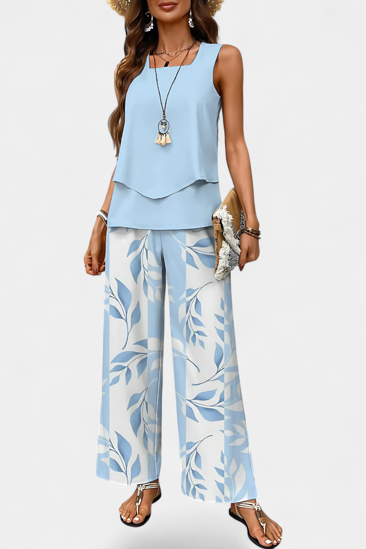 Martina Conjunto Boho Elegante Sin Mangas con Pantalón Recto Estampado