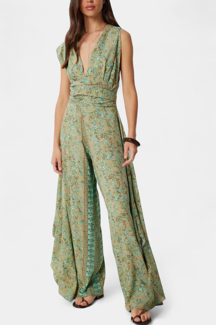 Leandra Mono Fluido Cruzado con Estampado Floral Verde