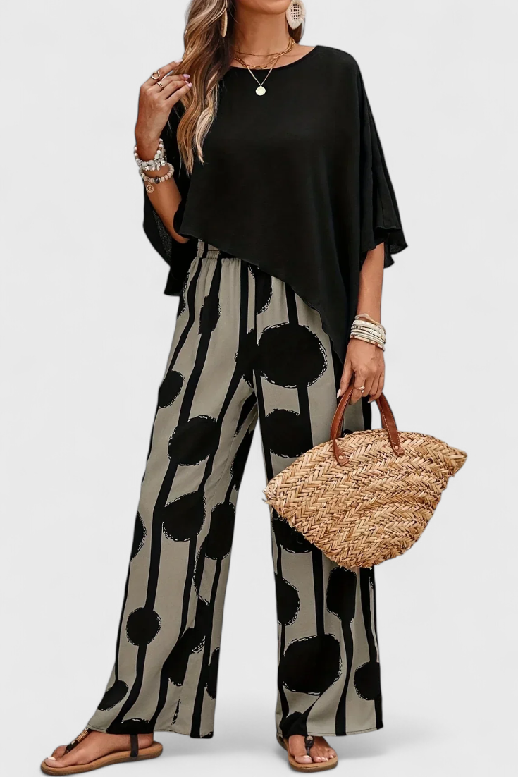 Aleida Conjunto Asimétrico con Top y Pantalón Estampado
