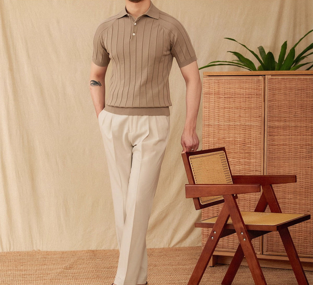 St. Barts Pleated Cotton Blend Short Sleeve Polo Shirt