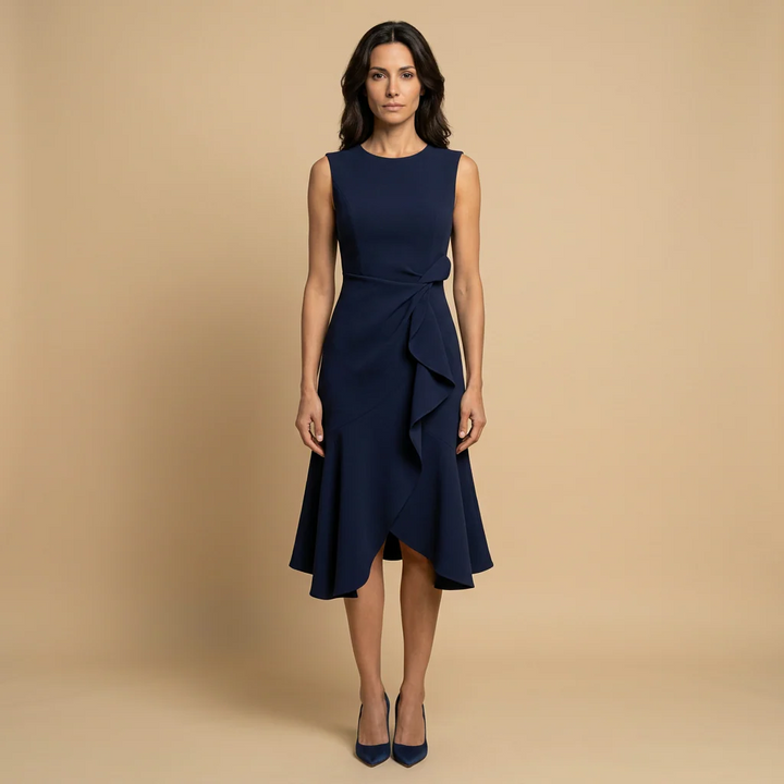 Claudia Vestido Midi Asimétrico con Drapeado Elegante